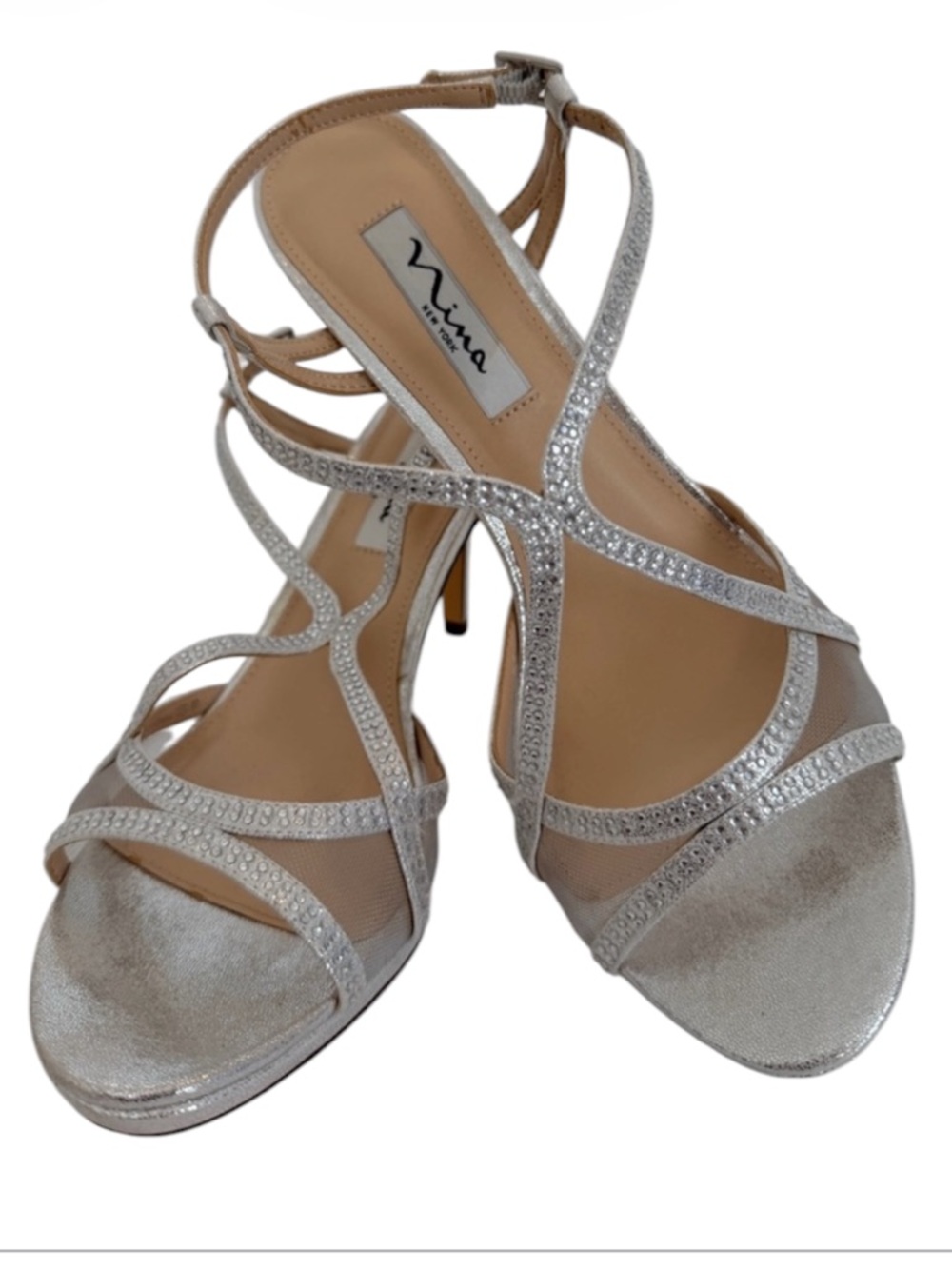 Nina Elegent Shimmering Silver Strappy Heels Size 8 1/2